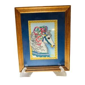 Horse Cross Stitch Completed Framed Carousel Head Plaque Decoration Blue Yellow
